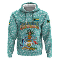 Bahamas Christmas Zip Hoodie with Teal Palm Pattern Carnival Santa and National Emblem Motif - Wonder Print Shop