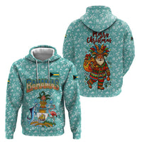 Bahamas Christmas Zip Hoodie with Teal Palm Pattern Carnival Santa and National Emblem Motif - Wonder Print Shop