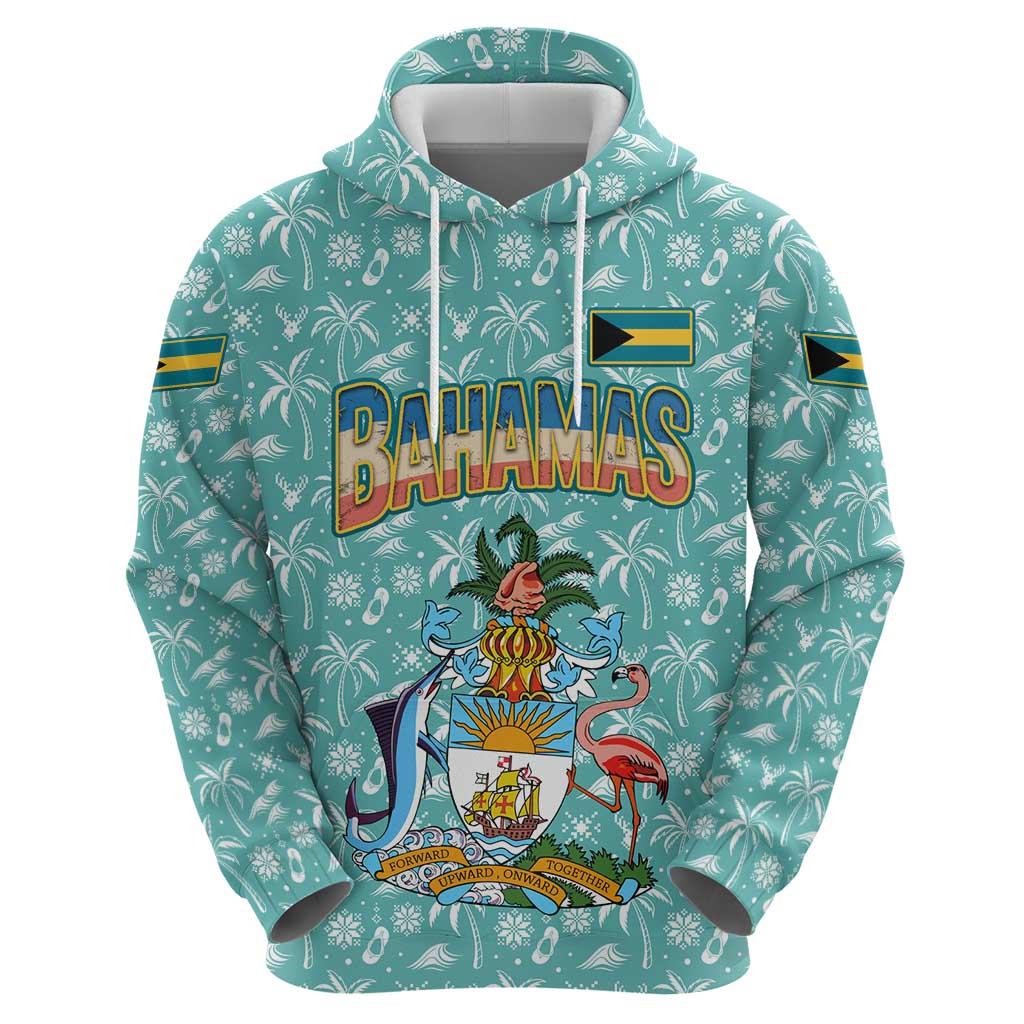 Bahamas Christmas Zip Hoodie with Teal Palm Pattern Carnival Santa and National Emblem Motif - Wonder Print Shop