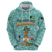 Bahamas Christmas Zip Hoodie with Teal Palm Pattern Carnival Santa and National Emblem Motif - Wonder Print Shop