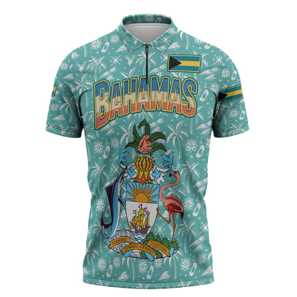 Bahamas Christmas Zipper Polo Shirt with Teal Palm Pattern Carnival Santa and National Emblem Motif - Wonder Print Shop