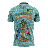 Bahamas Christmas Zipper Polo Shirt with Teal Palm Pattern Carnival Santa and National Emblem Motif - Wonder Print Shop