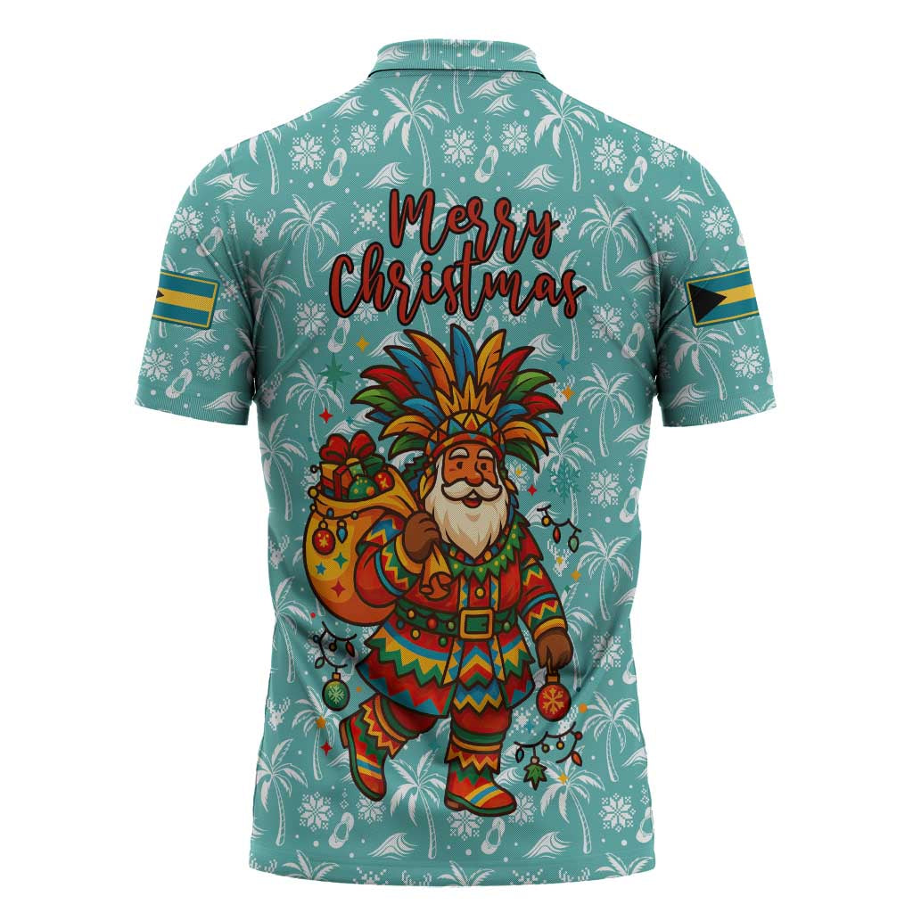 Bahamas Christmas Zipper Polo Shirt with Teal Palm Pattern Carnival Santa and National Emblem Motif - Wonder Print Shop