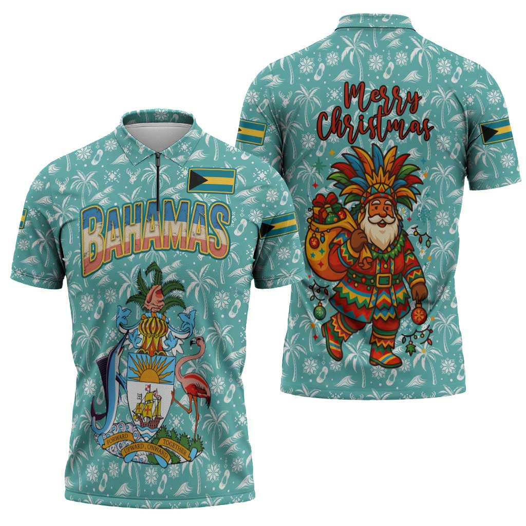 Bahamas Christmas Zipper Polo Shirt with Teal Palm Pattern Carnival Santa and National Emblem Motif - Wonder Print Shop