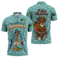 Bahamas Christmas Zipper Polo Shirt with Teal Palm Pattern Carnival Santa and National Emblem Motif - Wonder Print Shop