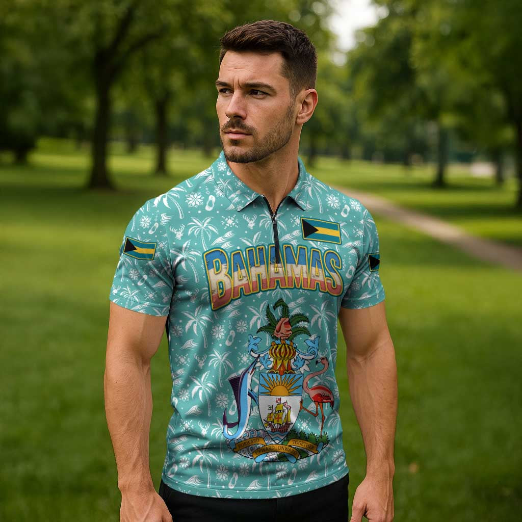 Bahamas Christmas Zipper Polo Shirt with Teal Palm Pattern Carnival Santa and National Emblem Motif - Wonder Print Shop