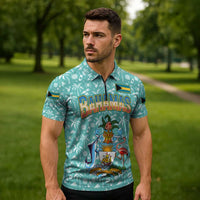 Bahamas Christmas Zipper Polo Shirt with Teal Palm Pattern Carnival Santa and National Emblem Motif - Wonder Print Shop