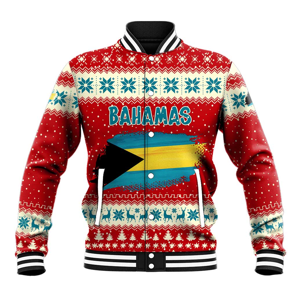 Bahamas Christmas Baseball Jacket with Red Festive Pattern Sailing Santa and National Flag Motif - Wonder Print Shop
