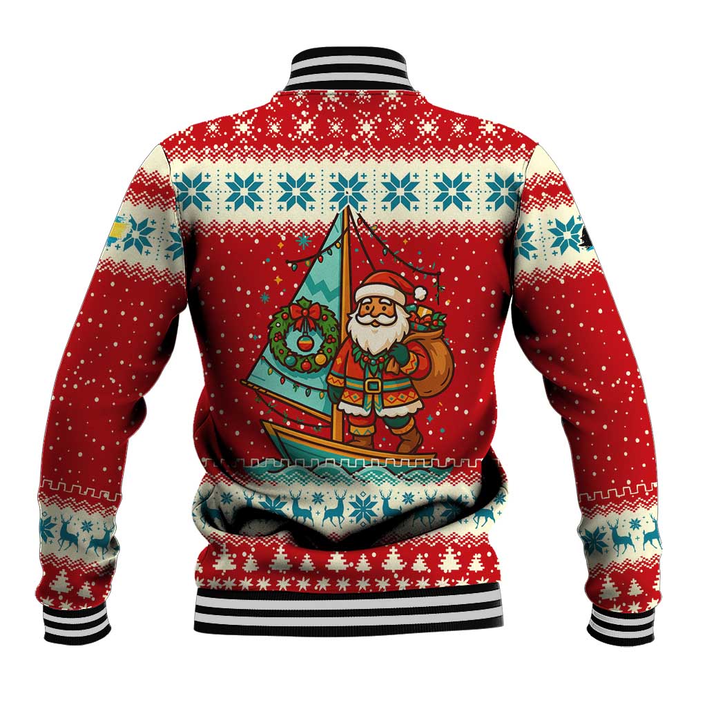 Bahamas Christmas Baseball Jacket with Red Festive Pattern Sailing Santa and National Flag Motif - Wonder Print Shop