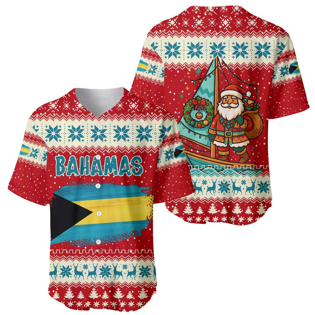 Bahamas Christmas Baseball Jersey with Red Festive Pattern Sailing Santa and National Flag Motif - Wonder Print Shop