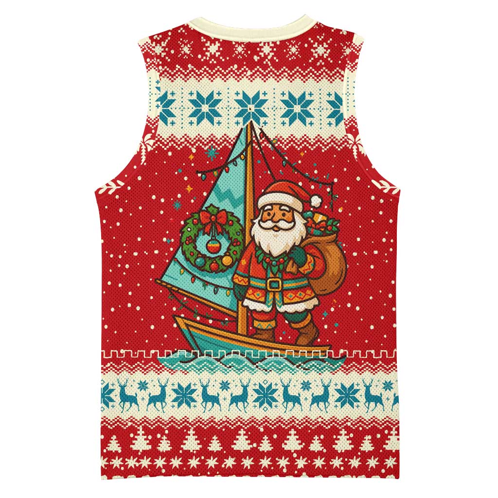 Bahamas Christmas Basketball Jersey with Red Festive Pattern Sailing Santa and National Flag Motif - Wonder Print Shop