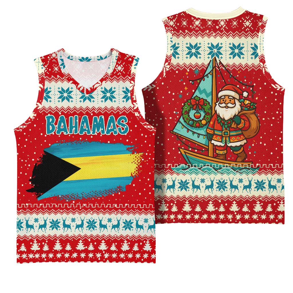 Bahamas Christmas Basketball Jersey with Red Festive Pattern Sailing Santa and National Flag Motif - Wonder Print Shop