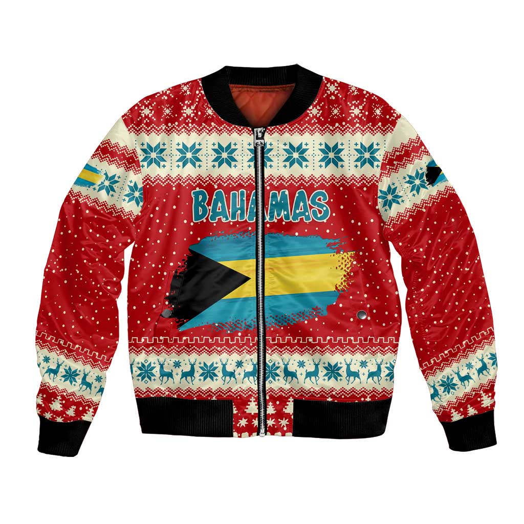 Bahamas Christmas Bomber Jacket with Red Festive Pattern Sailing Santa and National Flag Motif - Wonder Print Shop
