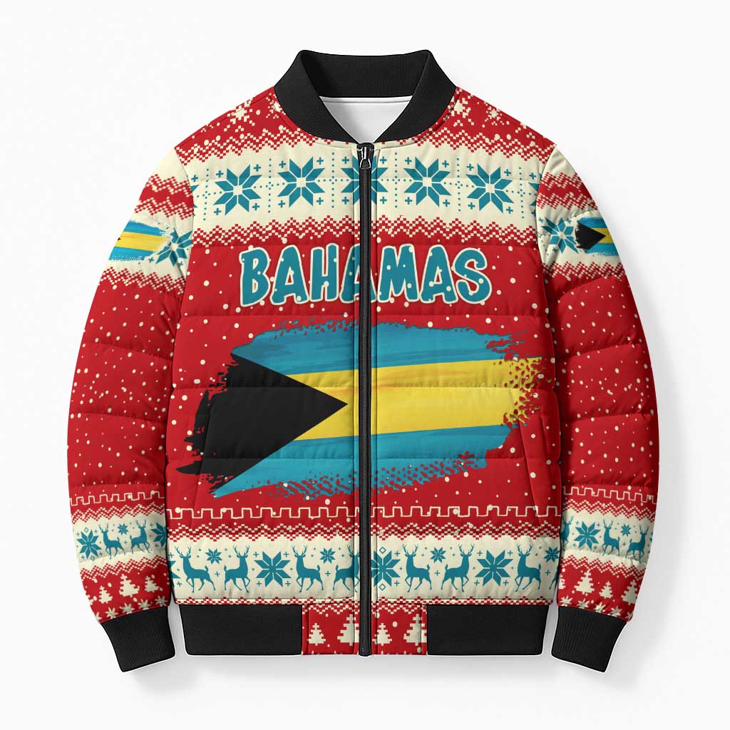 Bahamas Christmas Bomber Puffer Jacket with Red Festive Pattern Sailing Santa and National Flag Motif - Wonder Print Shop
