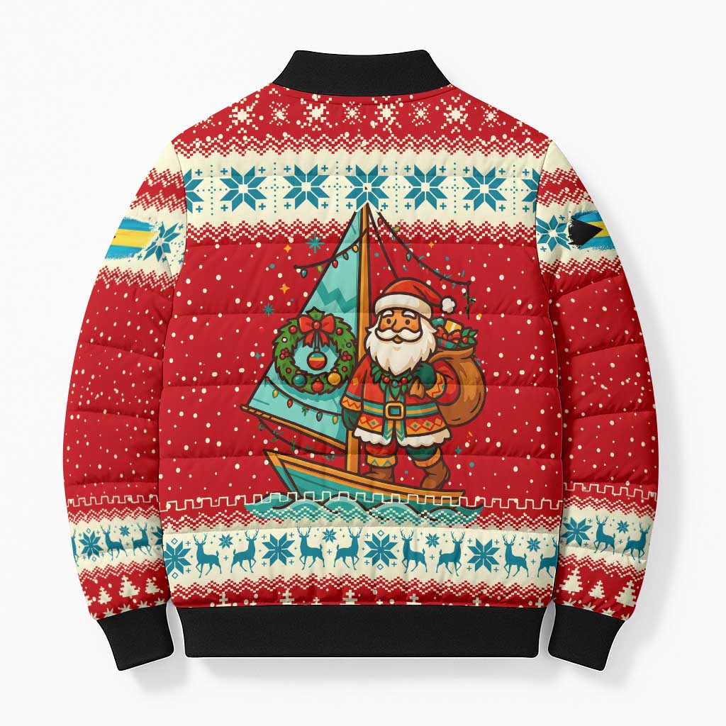 Bahamas Christmas Bomber Puffer Jacket with Red Festive Pattern Sailing Santa and National Flag Motif - Wonder Print Shop