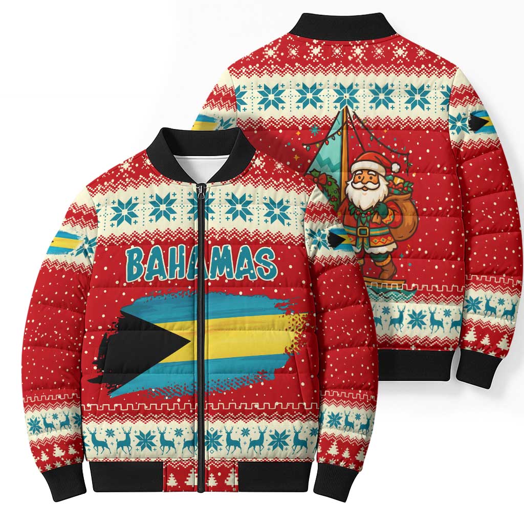 Bahamas Christmas Bomber Puffer Jacket with Red Festive Pattern Sailing Santa and National Flag Motif - Wonder Print Shop