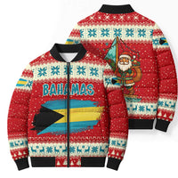 Bahamas Christmas Bomber Puffer Jacket with Red Festive Pattern Sailing Santa and National Flag Motif - Wonder Print Shop
