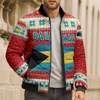 Bahamas Christmas Bomber Puffer Jacket with Red Festive Pattern Sailing Santa and National Flag Motif - Wonder Print Shop