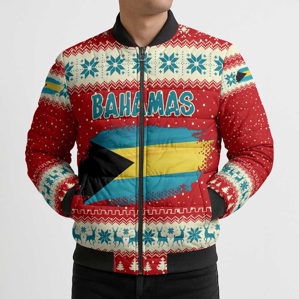 Bahamas Christmas Bomber Puffer Jacket with Red Festive Pattern Sailing Santa and National Flag Motif - Wonder Print Shop