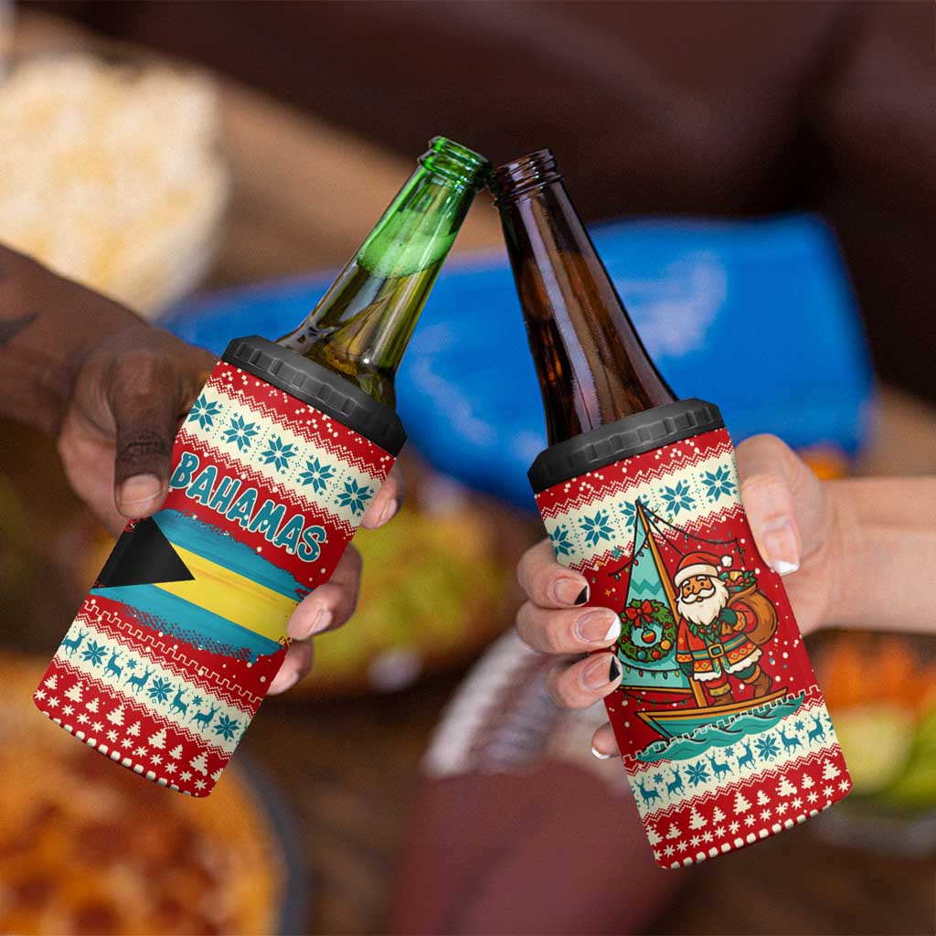 Bahamas Christmas 4 in 1 Can Cooler Tumbler with Red Festive Pattern Sailing Santa and National Flag Motif - Wonder Print Shop
