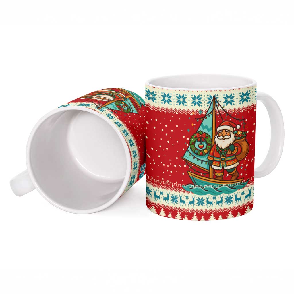 Bahamas Christmas Ceramic Mug with Red Festive Pattern Sailing Santa and National Flag Motif - Wonder Print Shop