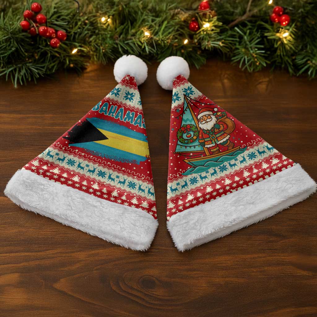 Bahamas Christmas Santa Hat with Red Festive Pattern Sailing Santa and National Flag Motif - Wonder Print Shop
