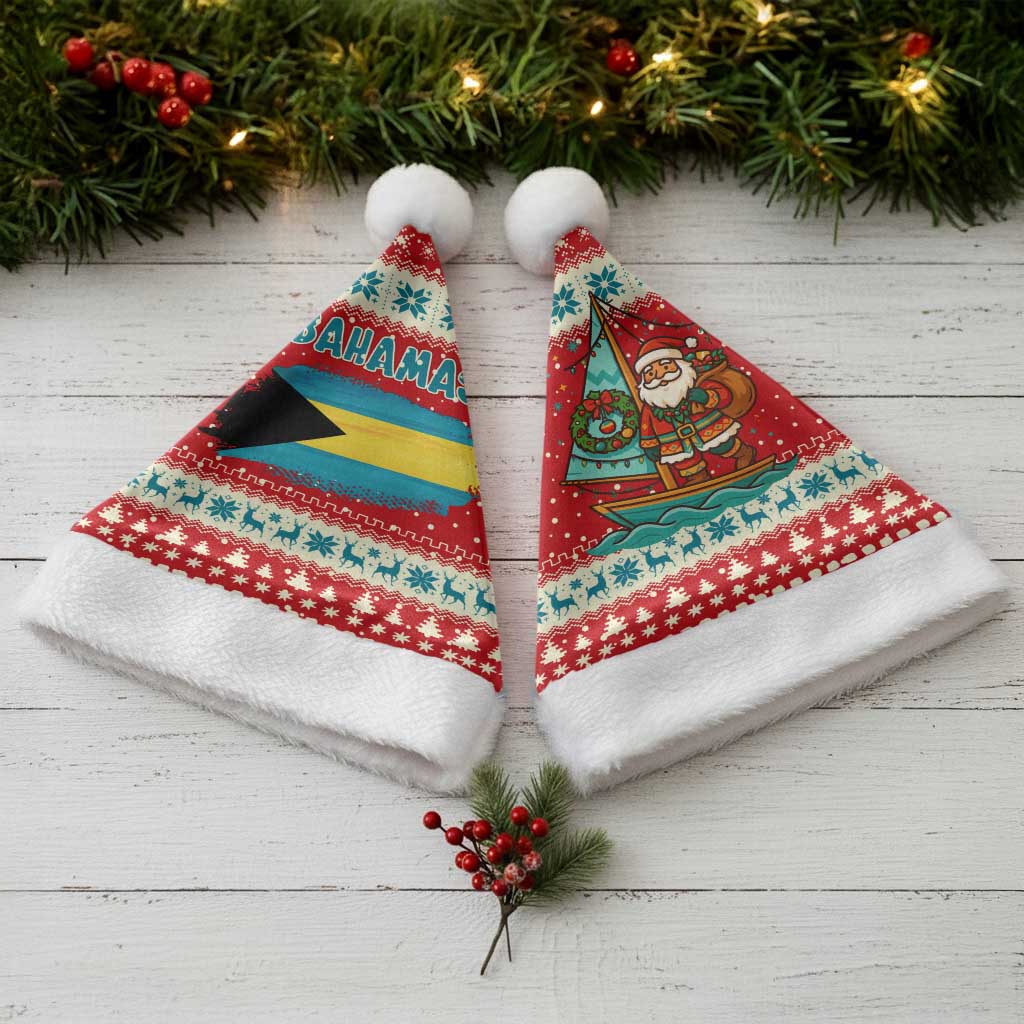 Bahamas Christmas Santa Hat with Red Festive Pattern Sailing Santa and National Flag Motif - Wonder Print Shop