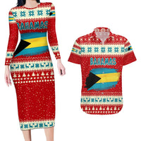 Bahamas Christmas Couples Matching Long Sleeve Bodycon Dress and Hawaiian Shirt with Red Festive Pattern Sailing Santa and National Flag Motif - Wonder Print Shop