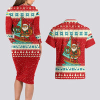 Bahamas Christmas Couples Matching Long Sleeve Bodycon Dress and Hawaiian Shirt with Red Festive Pattern Sailing Santa and National Flag Motif - Wonder Print Shop
