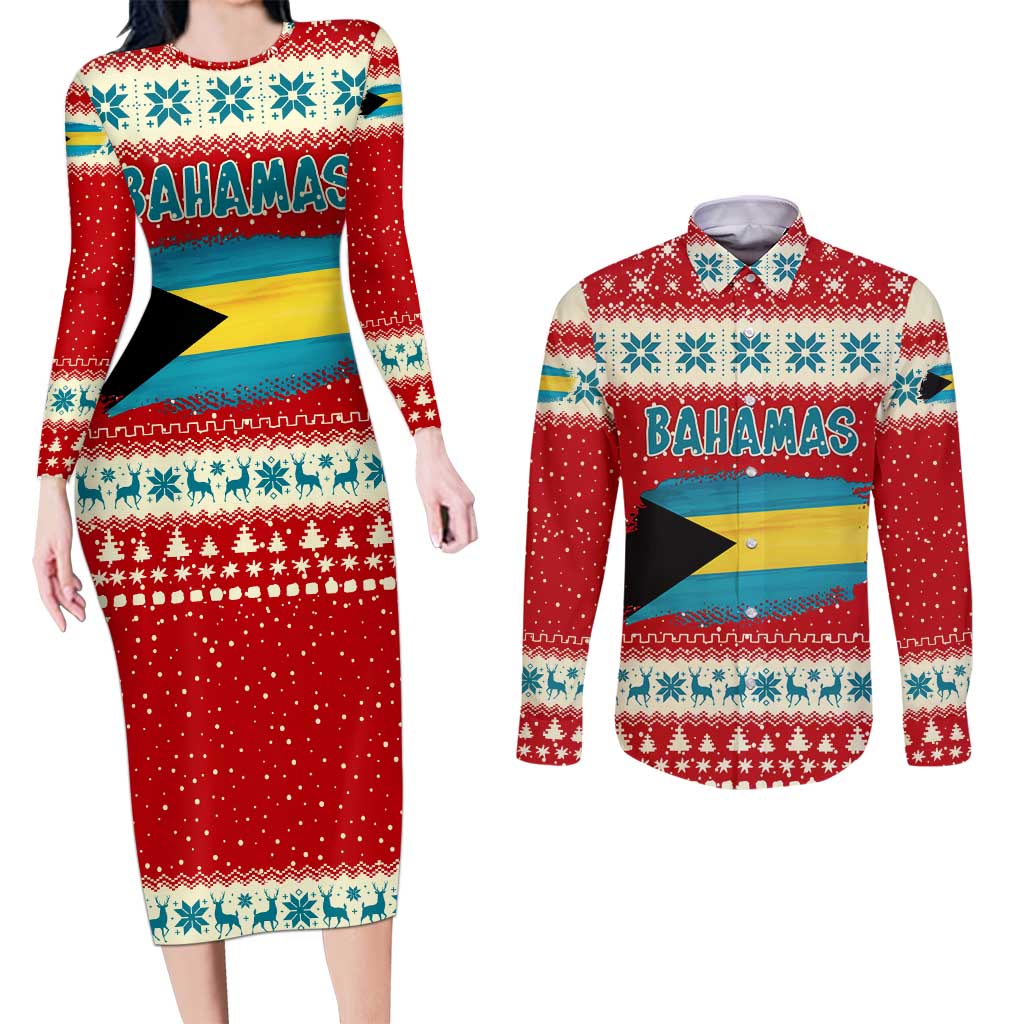 Bahamas Christmas Couples Matching Long Sleeve Bodycon Dress and Long Sleeve Button Shirt with Red Festive Pattern Sailing Santa and National Flag Motif - Wonder Print Shop