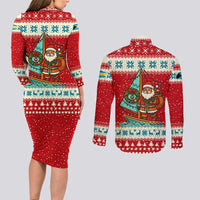Bahamas Christmas Couples Matching Long Sleeve Bodycon Dress and Long Sleeve Button Shirt with Red Festive Pattern Sailing Santa and National Flag Motif - Wonder Print Shop