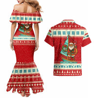 Bahamas Christmas Couples Matching Mermaid Dress and Hawaiian Shirt with Red Festive Pattern Sailing Santa and National Flag Motif - Wonder Print Shop