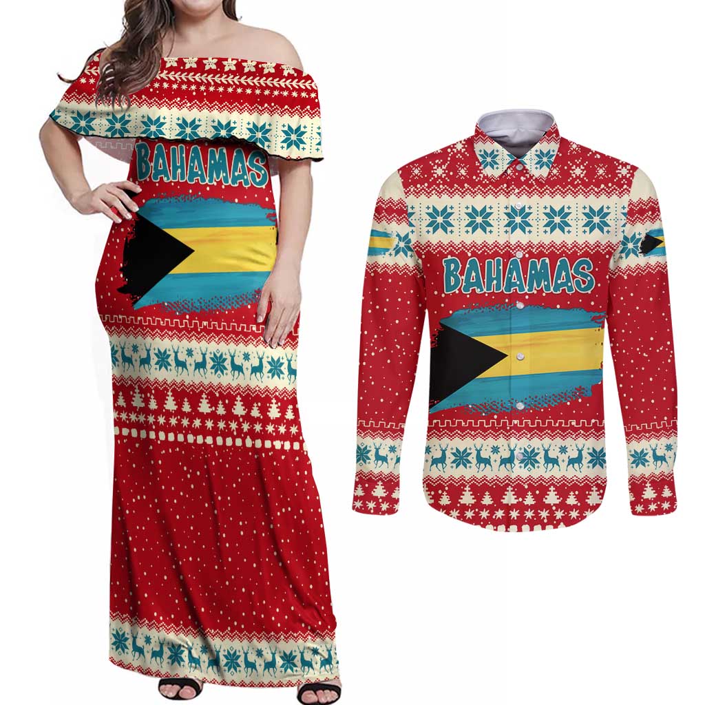 Bahamas Christmas Couples Matching Off Shoulder Maxi Dress and Long Sleeve Button Shirt with Red Festive Pattern Sailing Santa and National Flag Motif - Wonder Print Shop