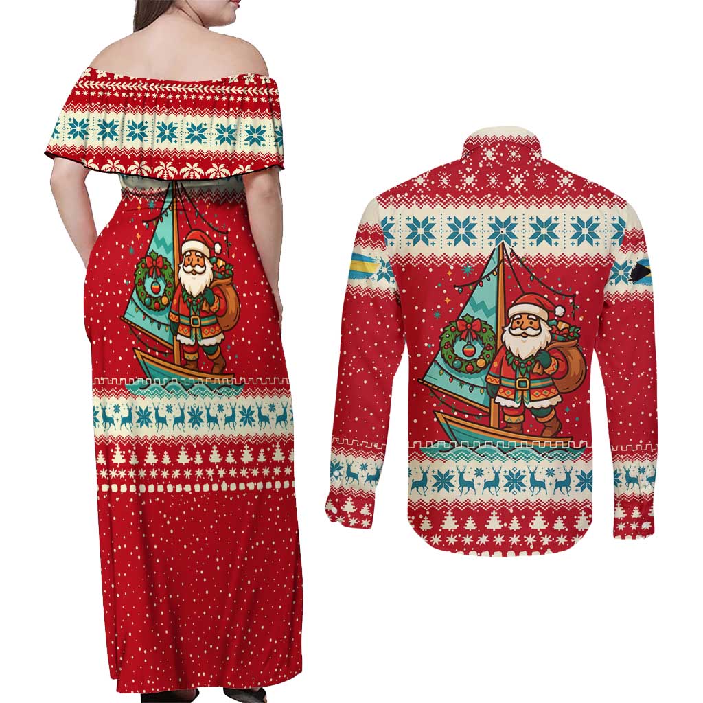 Bahamas Christmas Couples Matching Off Shoulder Maxi Dress and Long Sleeve Button Shirt with Red Festive Pattern Sailing Santa and National Flag Motif - Wonder Print Shop