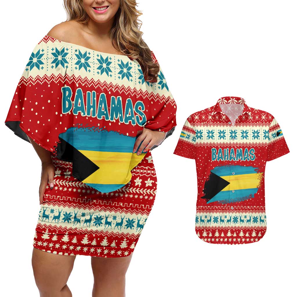 Bahamas Christmas Couples Matching Off Shoulder Short Dress and Hawaiian Shirt with Red Festive Pattern Sailing Santa and National Flag Motif - Wonder Print Shop