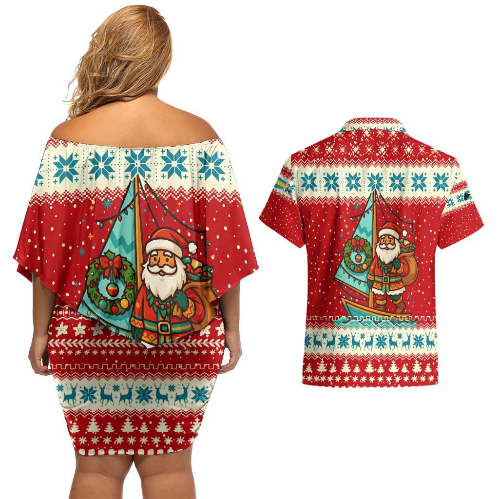 Bahamas Christmas Couples Matching Off Shoulder Short Dress and Hawaiian Shirt with Red Festive Pattern Sailing Santa and National Flag Motif - Wonder Print Shop