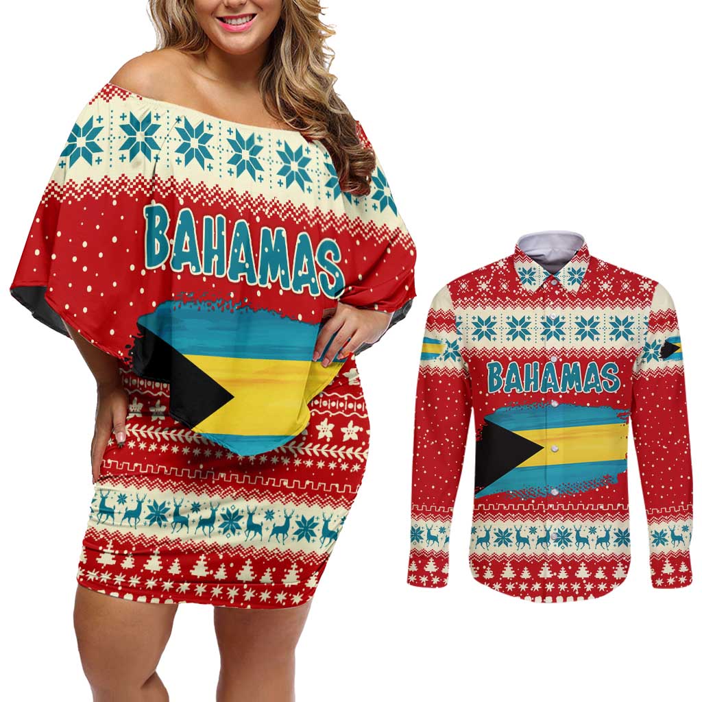 Bahamas Christmas Couples Matching Off Shoulder Short Dress and Long Sleeve Button Shirt with Red Festive Pattern Sailing Santa and National Flag Motif - Wonder Print Shop