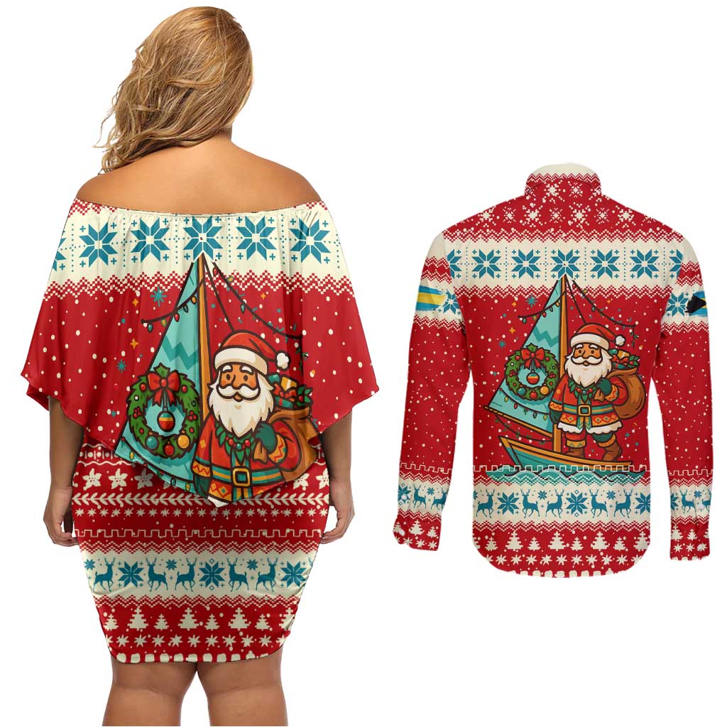 Bahamas Christmas Couples Matching Off Shoulder Short Dress and Long Sleeve Button Shirt with Red Festive Pattern Sailing Santa and National Flag Motif - Wonder Print Shop