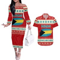 Bahamas Christmas Couples Matching Off The Shoulder Long Sleeve Dress and Hawaiian Shirt with Red Festive Pattern Sailing Santa and National Flag Motif - Wonder Print Shop