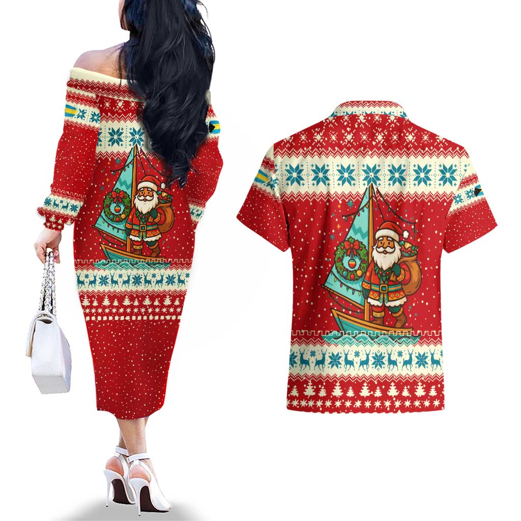 Bahamas Christmas Couples Matching Off The Shoulder Long Sleeve Dress and Hawaiian Shirt with Red Festive Pattern Sailing Santa and National Flag Motif - Wonder Print Shop