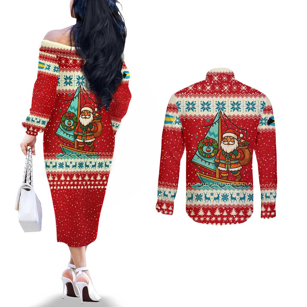 Bahamas Christmas Couples Matching Off The Shoulder Long Sleeve Dress and Long Sleeve Button Shirt with Red Festive Pattern Sailing Santa and National Flag Motif - Wonder Print Shop