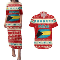 Bahamas Christmas Couples Matching Puletasi and Hawaiian Shirt with Red Festive Pattern Sailing Santa and National Flag Motif - Wonder Print Shop