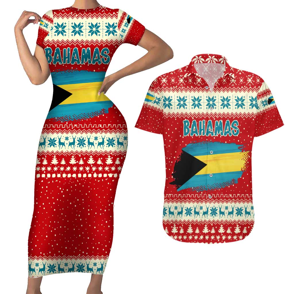 Bahamas Christmas Couples Matching Short Sleeve Bodycon Dress and Hawaiian Shirt with Red Festive Pattern Sailing Santa and National Flag Motif - Wonder Print Shop