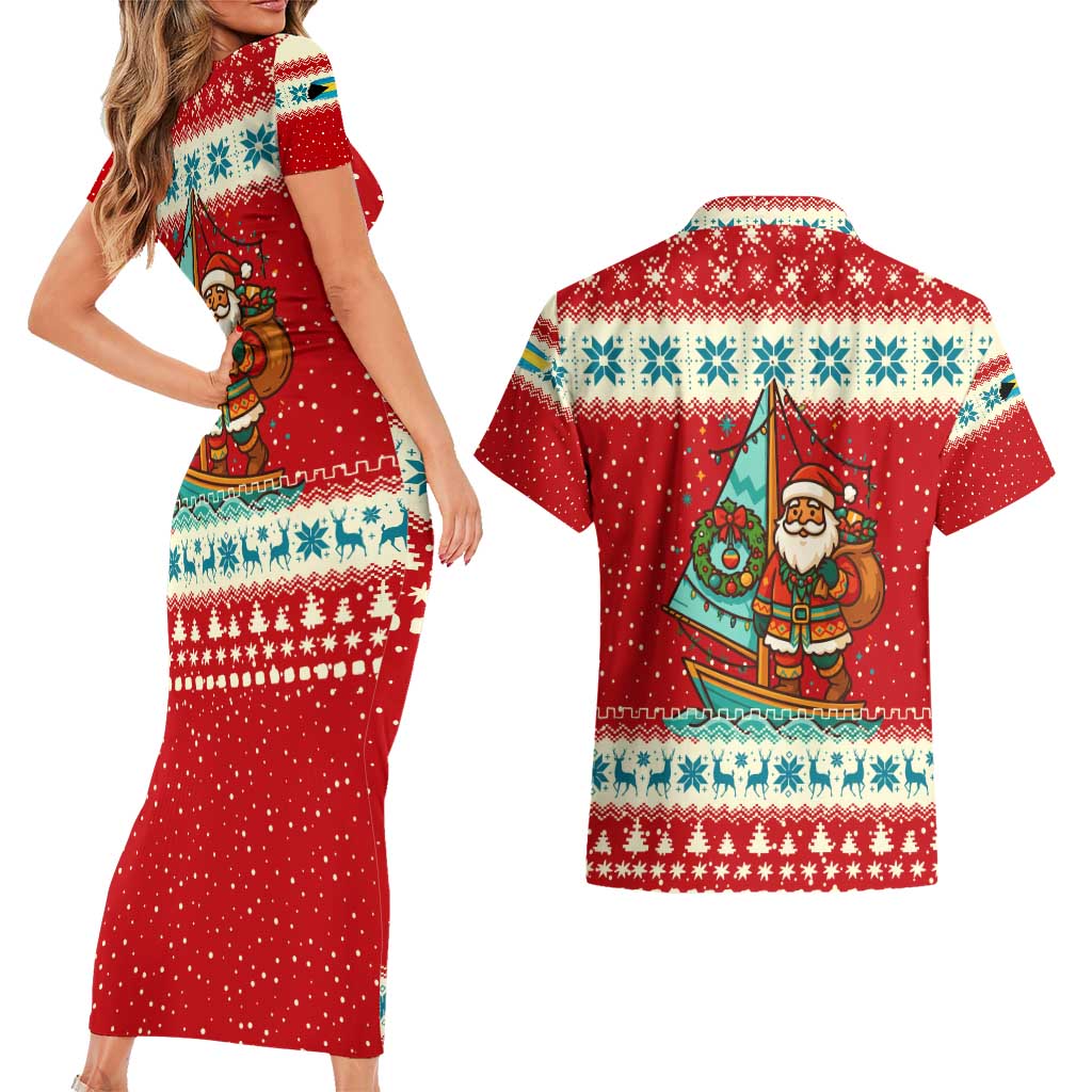 Bahamas Christmas Couples Matching Short Sleeve Bodycon Dress and Hawaiian Shirt with Red Festive Pattern Sailing Santa and National Flag Motif - Wonder Print Shop