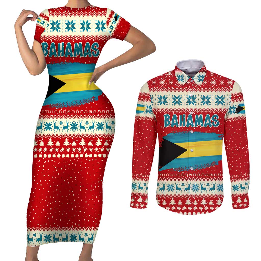 Bahamas Christmas Couples Matching Short Sleeve Bodycon Dress and Long Sleeve Button Shirt with Red Festive Pattern Sailing Santa and National Flag Motif - Wonder Print Shop