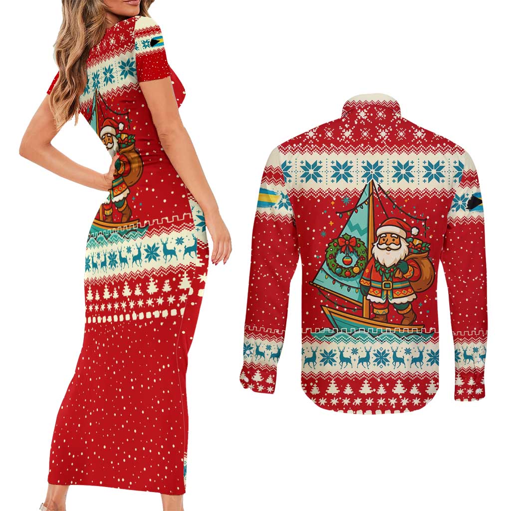 Bahamas Christmas Couples Matching Short Sleeve Bodycon Dress and Long Sleeve Button Shirt with Red Festive Pattern Sailing Santa and National Flag Motif - Wonder Print Shop