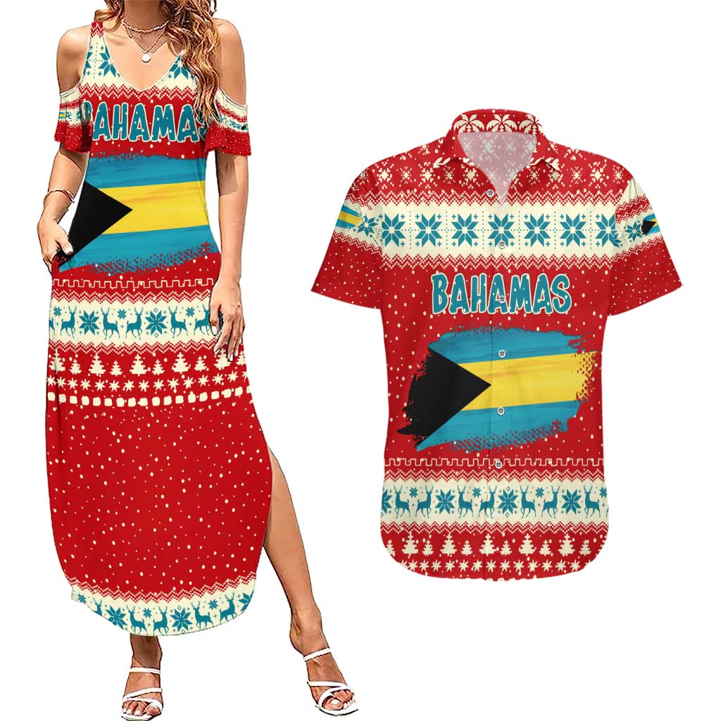 Bahamas Christmas Couples Matching Summer Maxi Dress and Hawaiian Shirt with Red Festive Pattern Sailing Santa and National Flag Motif - Wonder Print Shop
