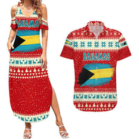 Bahamas Christmas Couples Matching Summer Maxi Dress and Hawaiian Shirt with Red Festive Pattern Sailing Santa and National Flag Motif - Wonder Print Shop