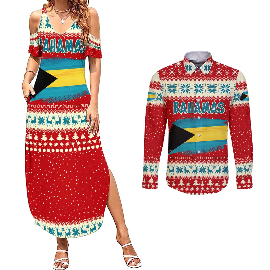 Bahamas Christmas Couples Matching Summer Maxi Dress and Long Sleeve Button Shirt with Red Festive Pattern Sailing Santa and National Flag Motif - Wonder Print Shop