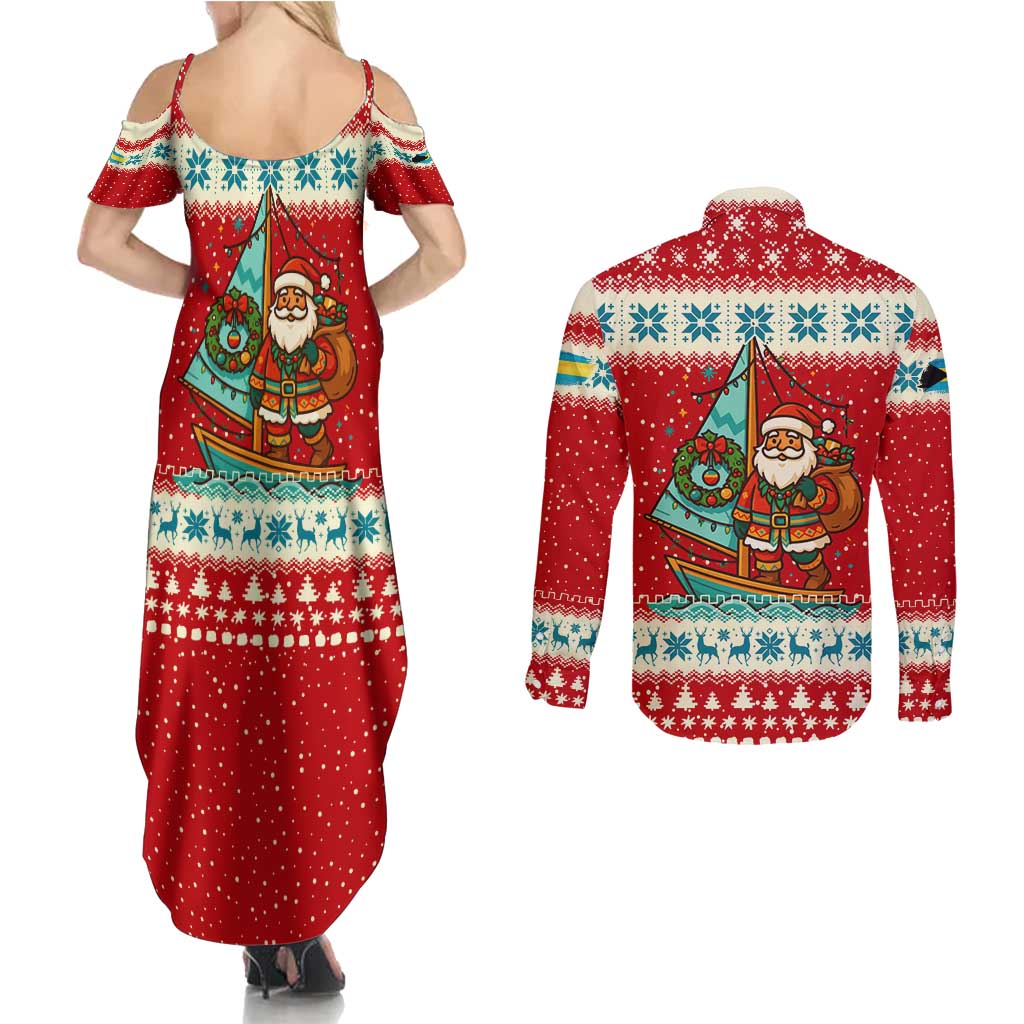 Bahamas Christmas Couples Matching Summer Maxi Dress and Long Sleeve Button Shirt with Red Festive Pattern Sailing Santa and National Flag Motif - Wonder Print Shop